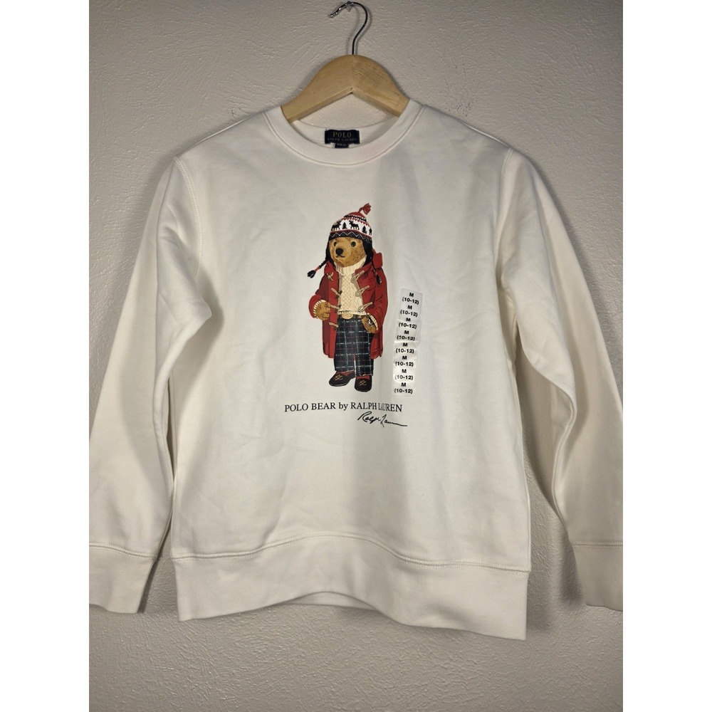 Polo Ralph Lauren Holiday Bear Fleece Sweatshirt Youth Size Medium Cream Nevis